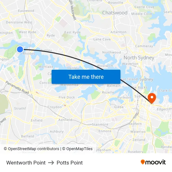 Wentworth Point to Potts Point map