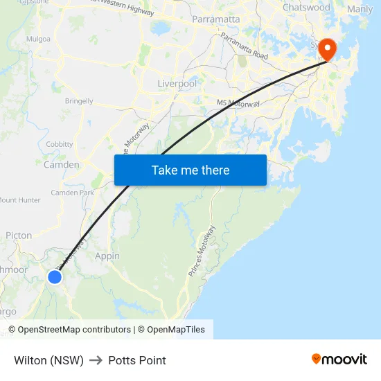 Wilton (NSW) to Potts Point map