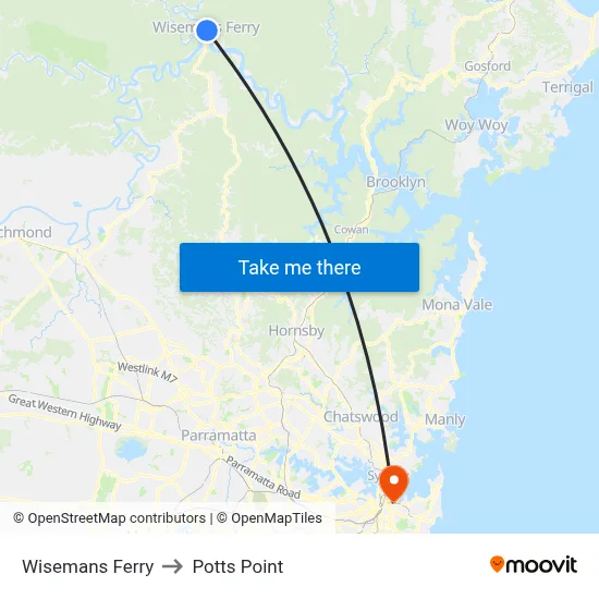 Wisemans Ferry to Potts Point map