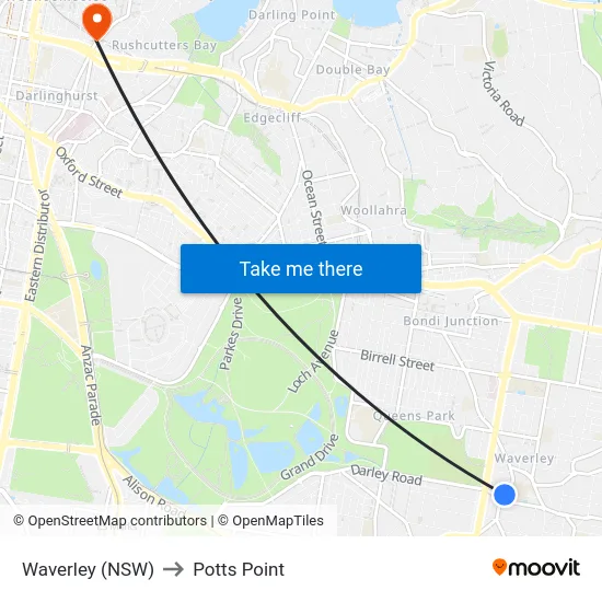 Waverley (NSW) to Potts Point map