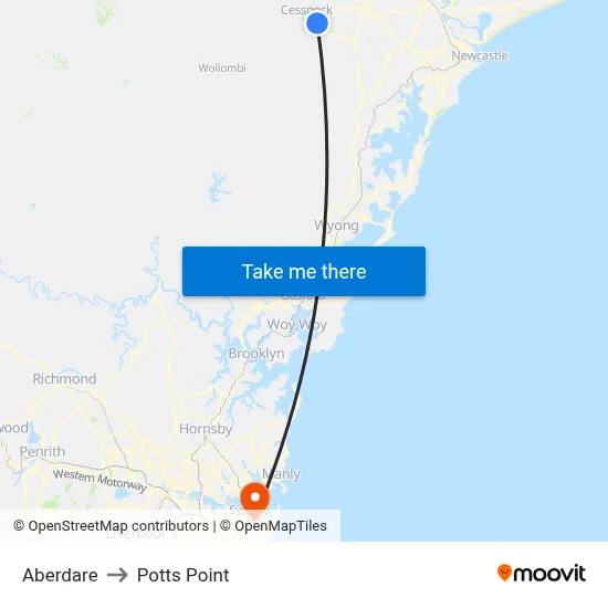 Aberdare to Potts Point map