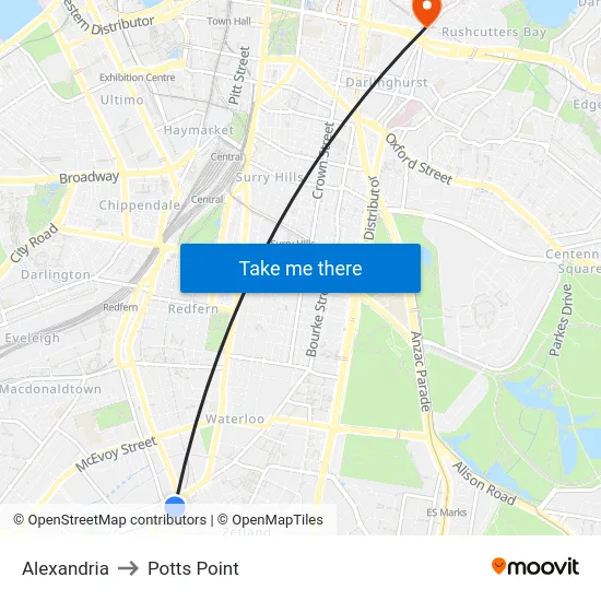Alexandria to Potts Point map