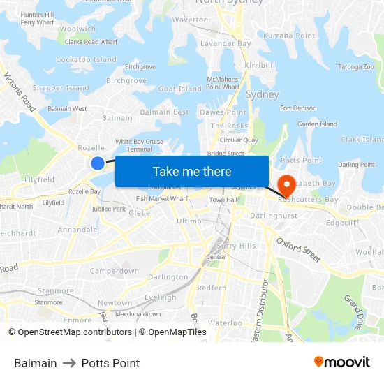 Balmain to Potts Point map