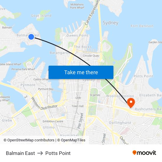 Balmain East to Potts Point map