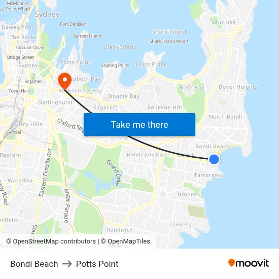 Bondi Beach to Potts Point map