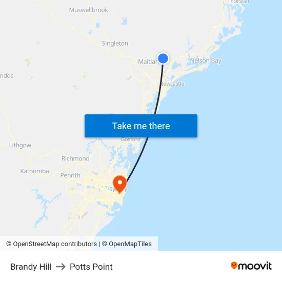 Brandy Hill to Potts Point map
