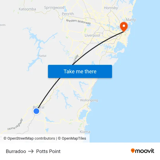 Burradoo to Potts Point map