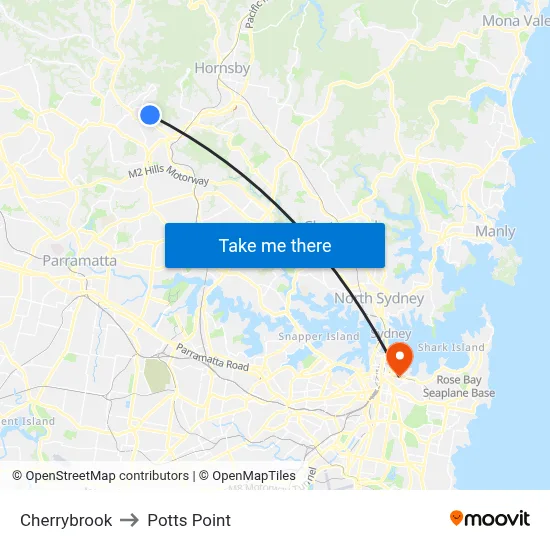 Cherrybrook to Potts Point map