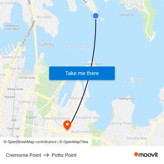 Cremorne Point to Potts Point map