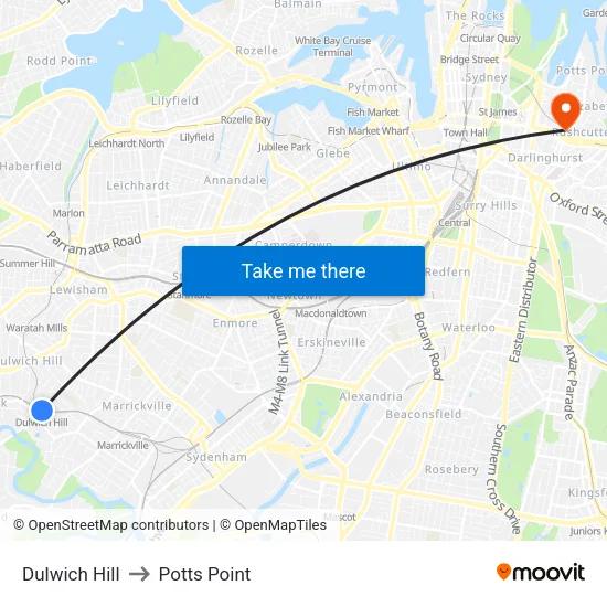 Dulwich Hill to Potts Point map