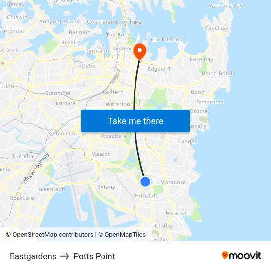 Eastgardens to Potts Point map