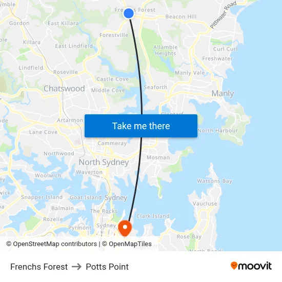 Frenchs Forest to Potts Point map