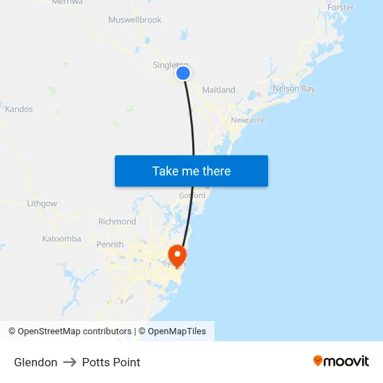 Glendon to Potts Point map