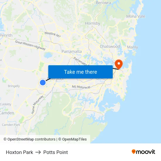 Hoxton Park to Potts Point map