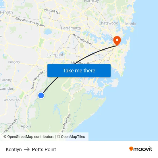 Kentlyn to Potts Point map