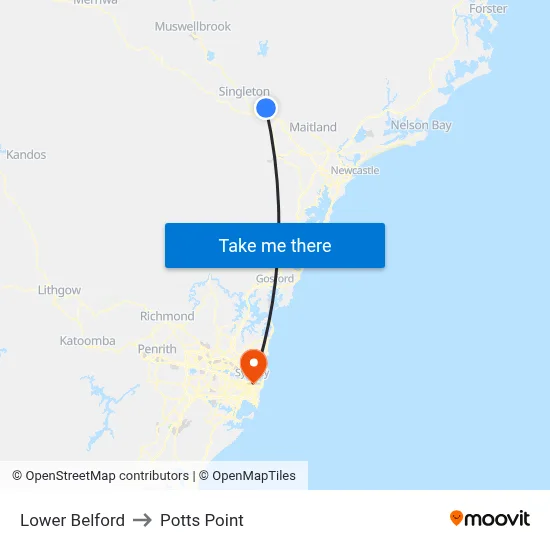 Lower Belford to Potts Point map