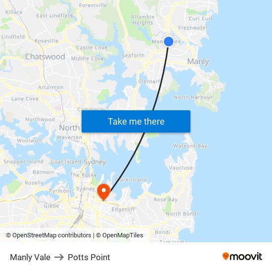 Manly Vale to Potts Point map