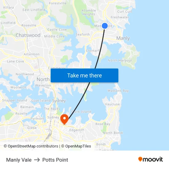 Manly Vale to Potts Point map