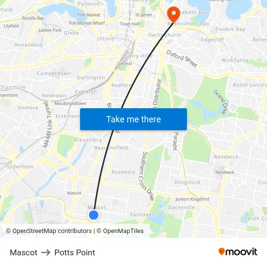 Mascot to Potts Point map