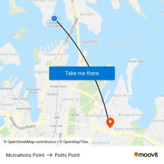 Mcmahons Point to Potts Point map