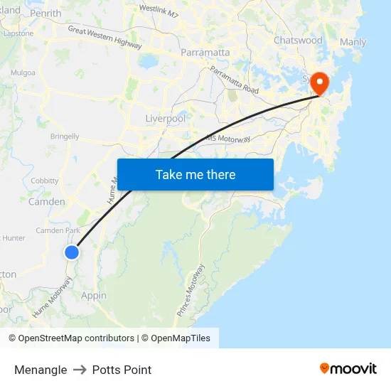 Menangle to Potts Point map