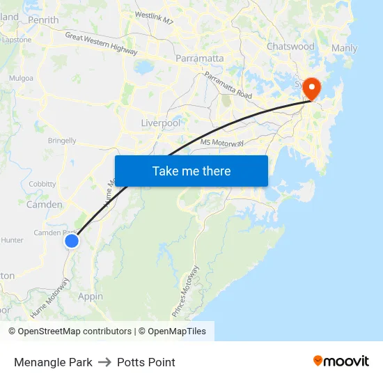 Menangle Park to Potts Point map