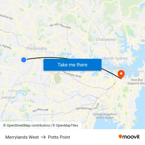 Merrylands West to Potts Point map