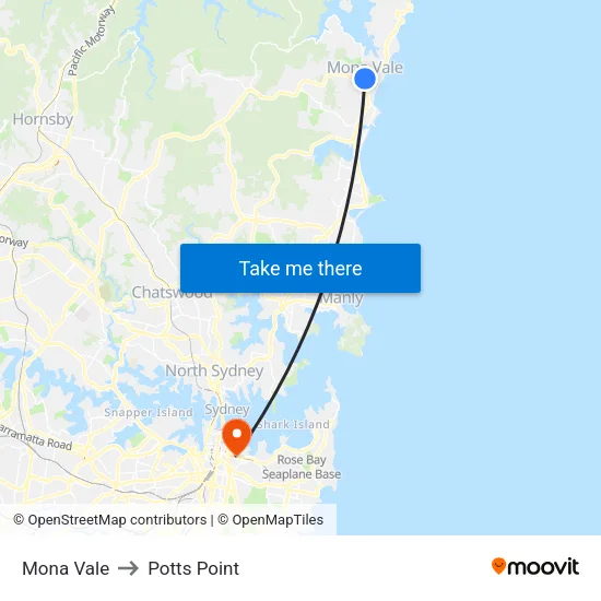 Mona Vale to Potts Point map