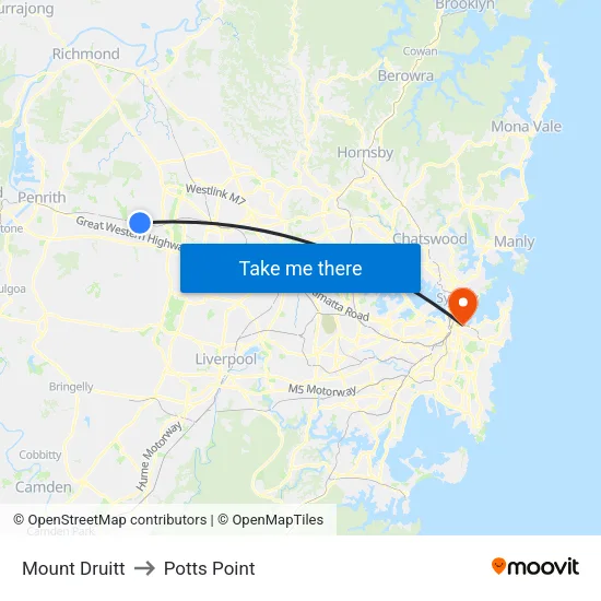 Mount Druitt to Potts Point map