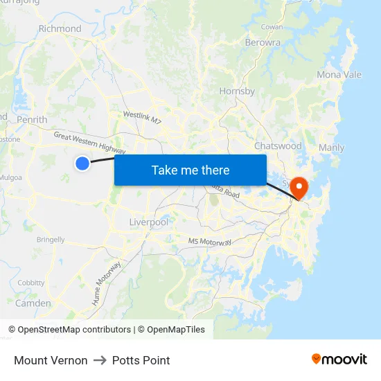 Mount Vernon to Potts Point map