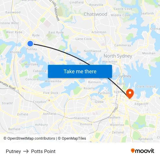 Putney to Potts Point map