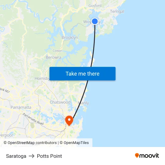 Saratoga to Potts Point map
