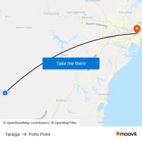Taralga to Potts Point map