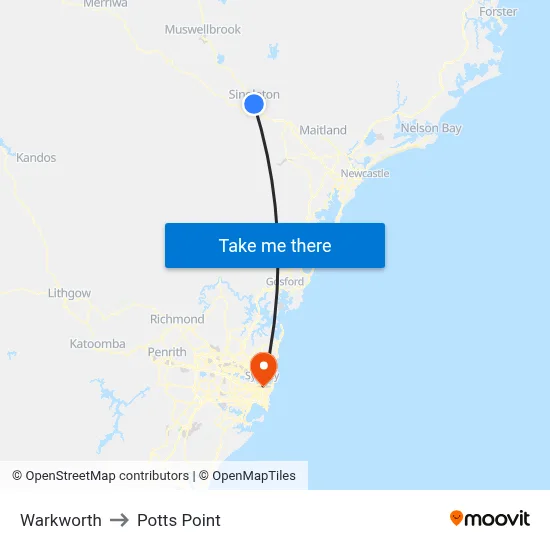 Warkworth to Potts Point map