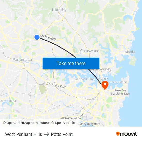 West Pennant Hills to Potts Point map