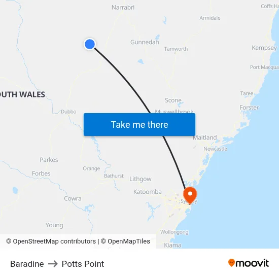 Baradine to Potts Point map