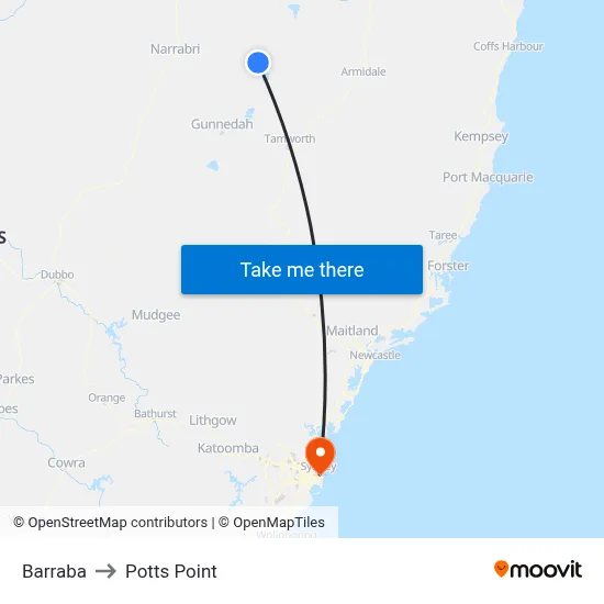Barraba to Potts Point map