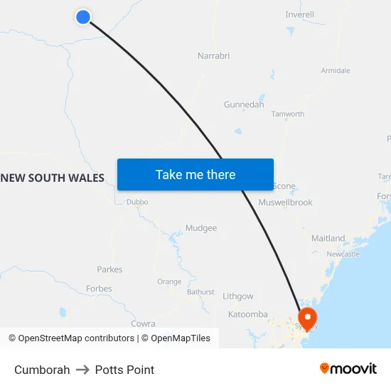 Cumborah to Potts Point map