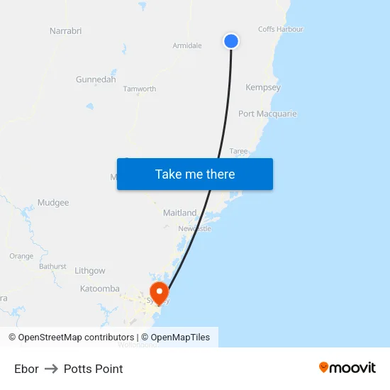 Ebor to Potts Point map