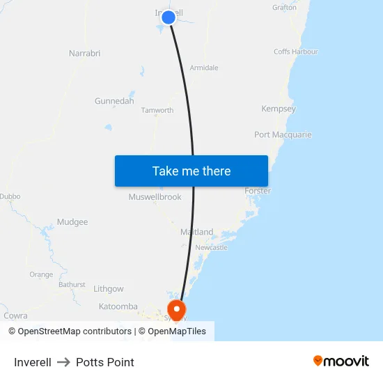 Inverell to Potts Point map