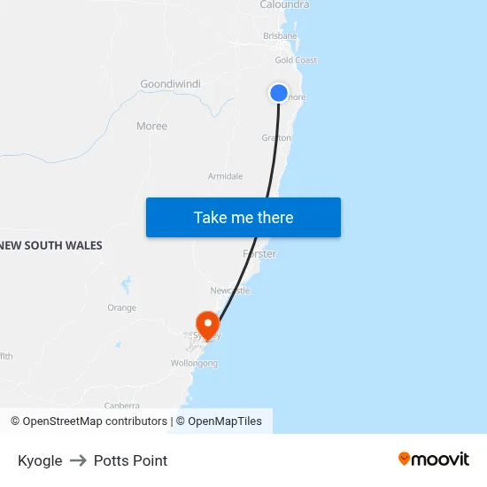 Kyogle to Potts Point map