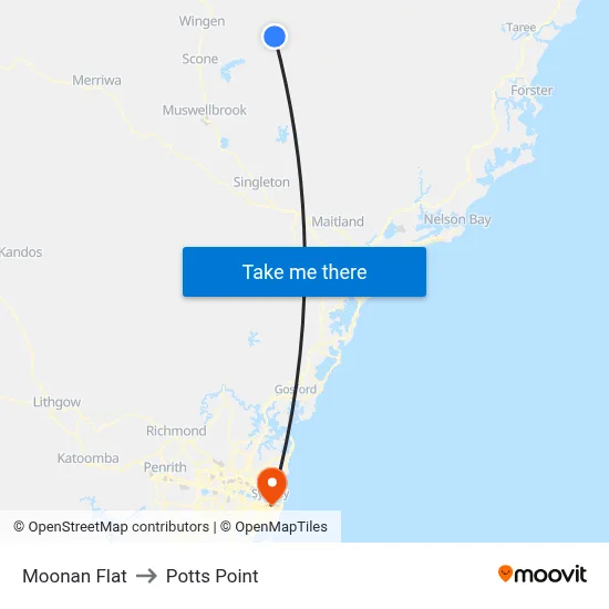 Moonan Flat to Potts Point map