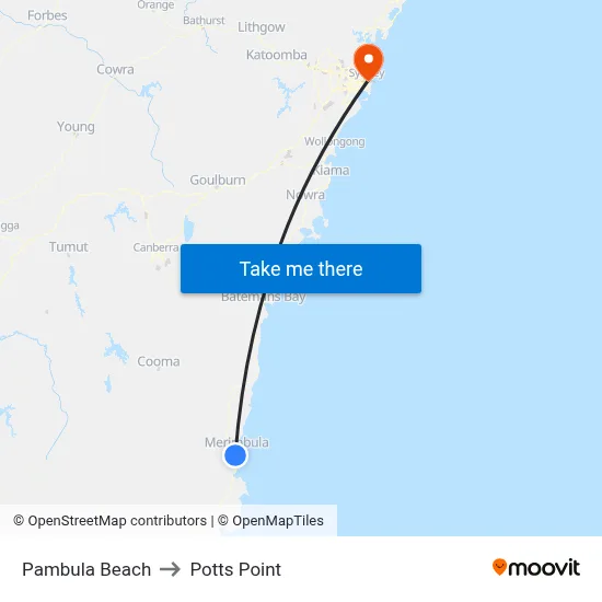 Pambula Beach to Potts Point map