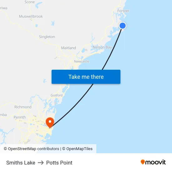 Smiths Lake to Potts Point map