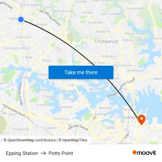 Epping Station to Potts Point map
