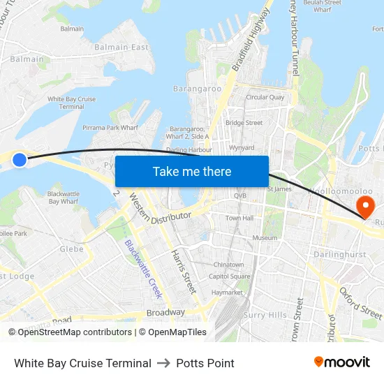 White Bay Cruise Terminal to Potts Point map
