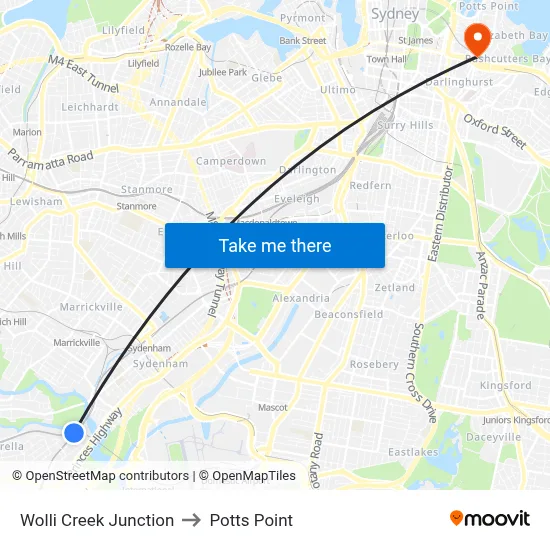 Wolli Creek Junction to Potts Point map