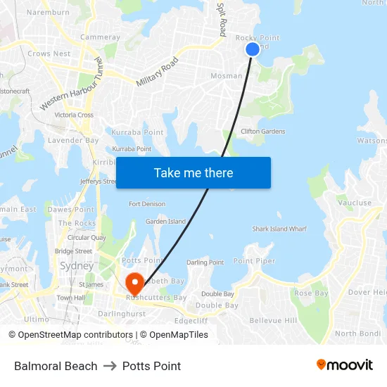 Balmoral Beach to Potts Point map