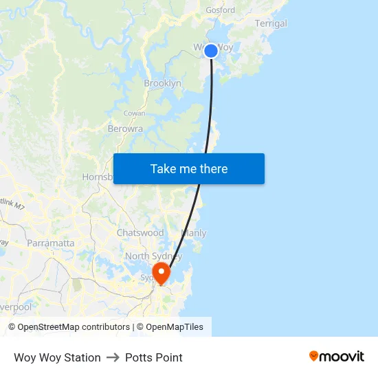 Woy Woy Station to Potts Point map