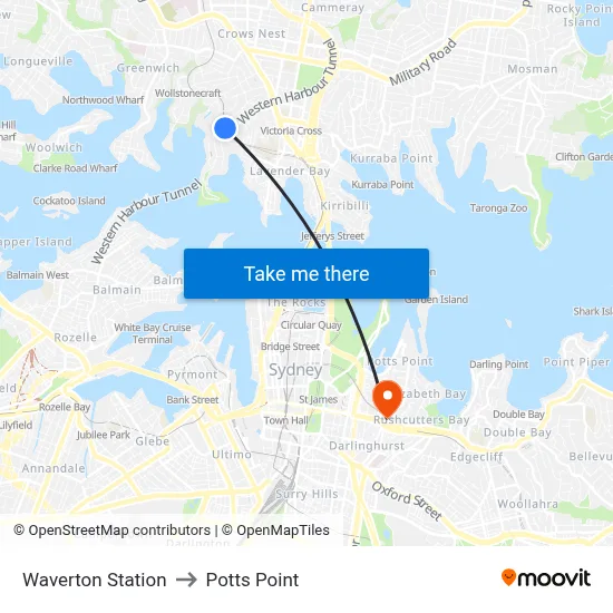 Waverton Station to Potts Point map